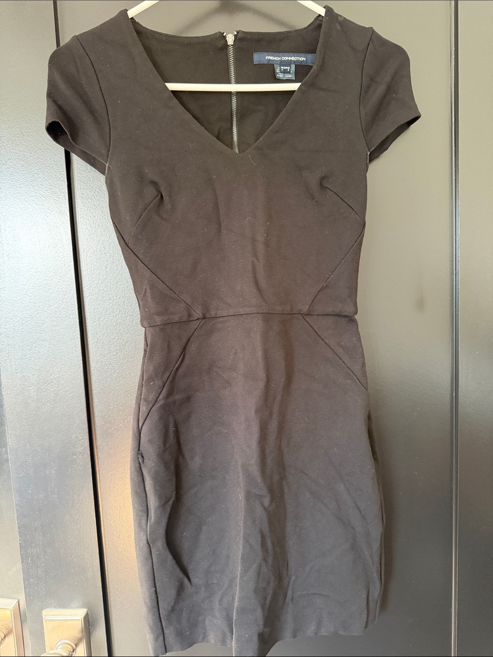 French Connection Black V-Neck Cap Sleeve Sheath Dress
